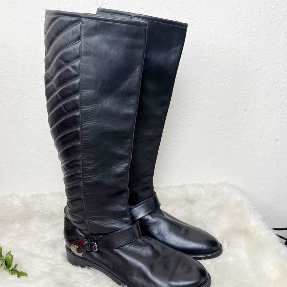 Stuart Weitzman Raceway Black Leather Tall Riding Boots Chevron Quilted Size 8 - Picture 3 of 6
